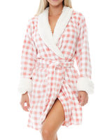 Women's Blush Gingham Check Classic Plush Robe, Short Fleece Bathrobe Solids