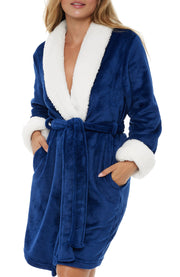 Women's Navy Blue Classic Plush Robe, Short Fleece Bathrobe Solids
