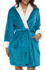Women's Turquoise Classic Plush Robe, Short Fleece Bathrobe Solids