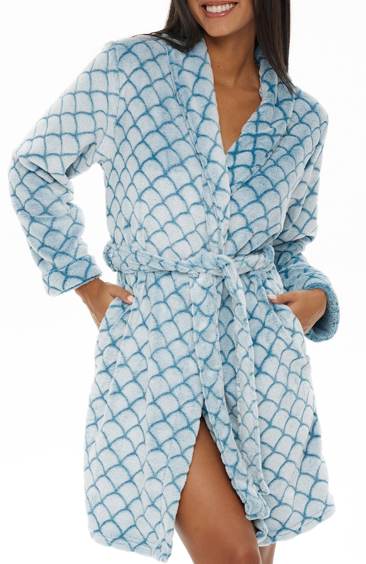 Women's Scallop Texture Turquoise Warm Soft Plush Fleece Bathrobe, Knee Length Robe