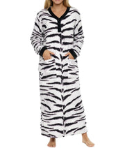 Women's White Tiger Print Warm Fleece Long Nightgown, Long Kaftan with Pockets for Winter