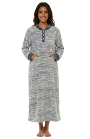 Women's Light Heathered Gray Warm Fleece Long Nightgown, Long Kaftan with Pockets for Winter