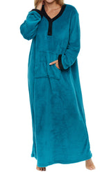 Women's Turquoise Warm Fleece Long Nightgown, Long Kaftan with Pockets for Winter