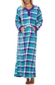 Women's Purple and Teal Plaid Warm Fleece Long Nightgown, Long Kaftan with Pockets for Winter