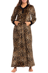 Women's Leopard Print Warm Fleece Long Nightgown, Long Kaftan with Pockets for Winter