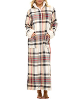 Women's Designer Plaid with Cream Zip Up Plush Robe, Oversized Bathrobe with Two Way Zipper