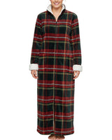 Women's Forest Tartan Plaid Zip Up Plush Robe, Oversized Bathrobe with Two Way Zipper