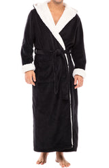 Men's Black with Cream Long Hooded Sherpa Robe, Hooded Big and Tall Plush Fleece Hoodie Bathrobe