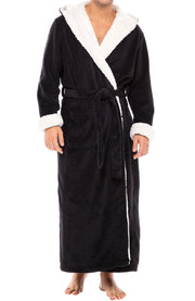 Men's Black with Cream Long Hooded Sherpa Robe, Hooded Big and Tall Plush Fleece Hoodie Bathrobe