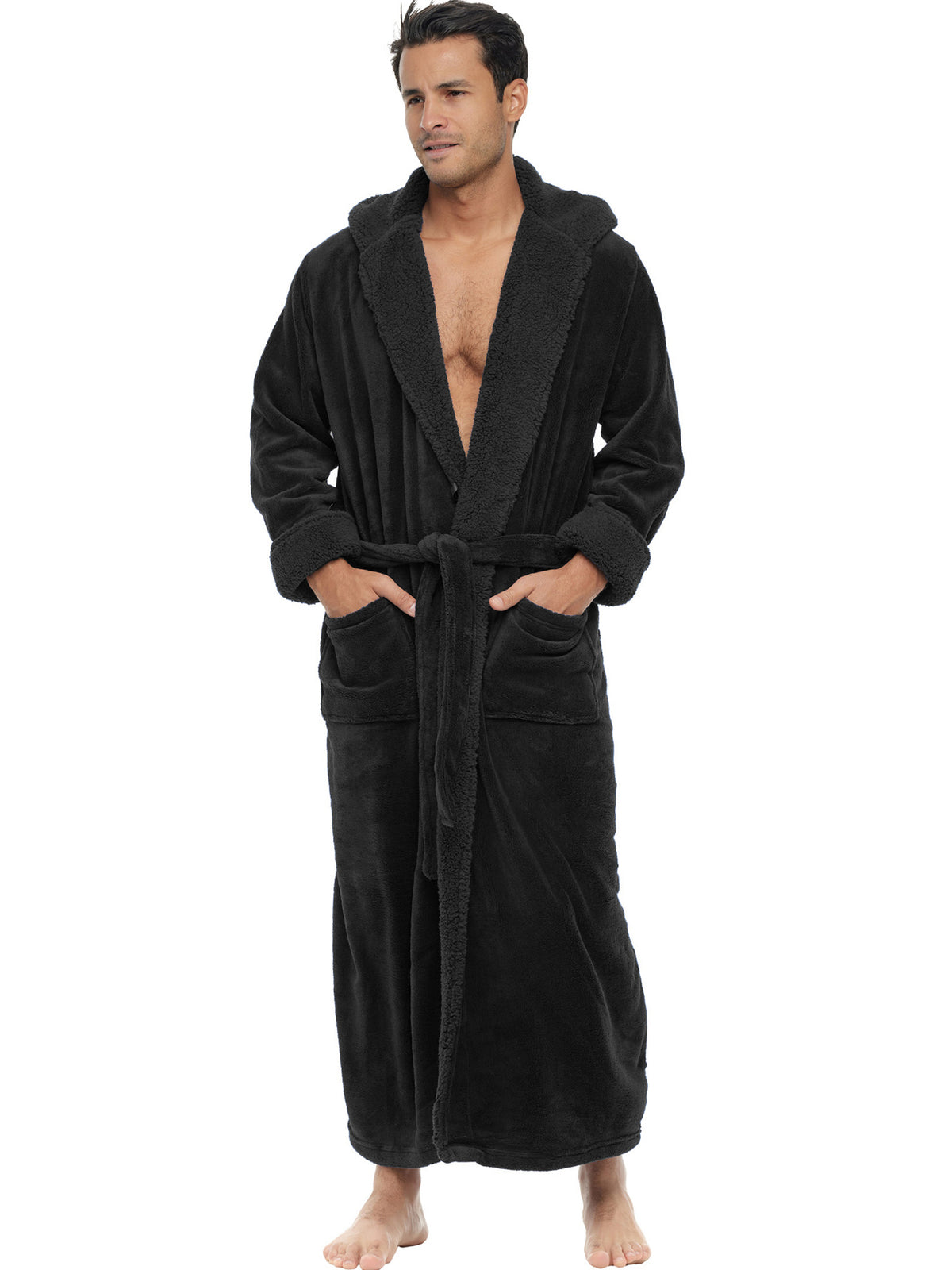 Men's Black Long Hooded Sherpa Robe, Hooded Big and Tall Plush Fleece Hoodie Bathrobe