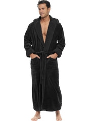 Men's Black Long Hooded Sherpa Robe, Hooded Big and Tall Plush Fleece Hoodie Bathrobe