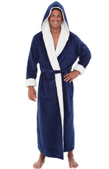 Men's Navy Blue with Cream Long Hooded Sherpa Robe, Hooded Big and Tall Plush Fleece Hoodie Bathrobe