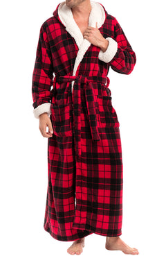 Men's Red Black Plaid with Cream Long Hooded Sherpa Robe, Hooded Big and Tall Plush Fleece Hoodie Bathrobe