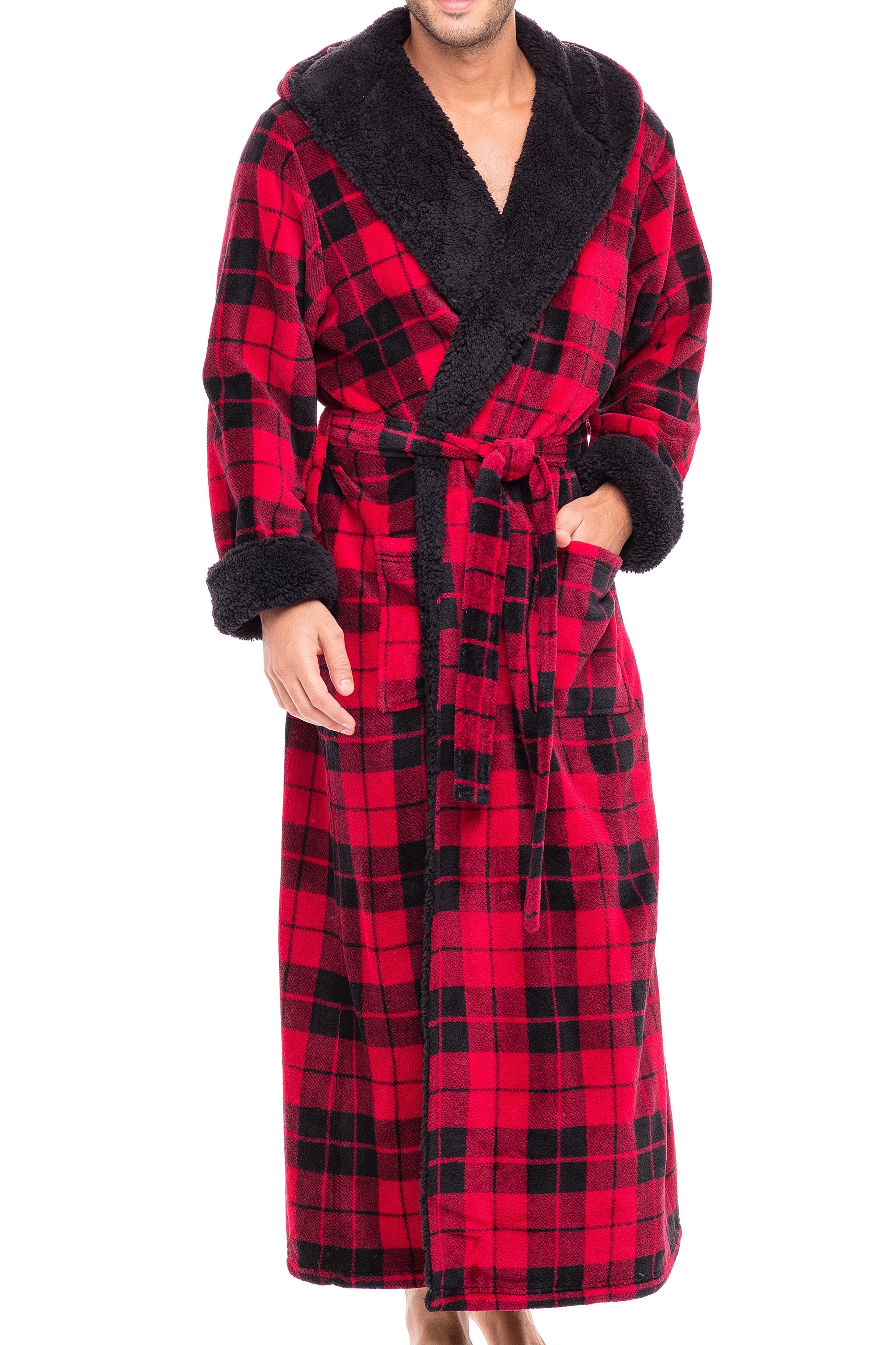 Mens Red Fluffy Dressing Gown With Hood Bathrobes For Men Fleece
