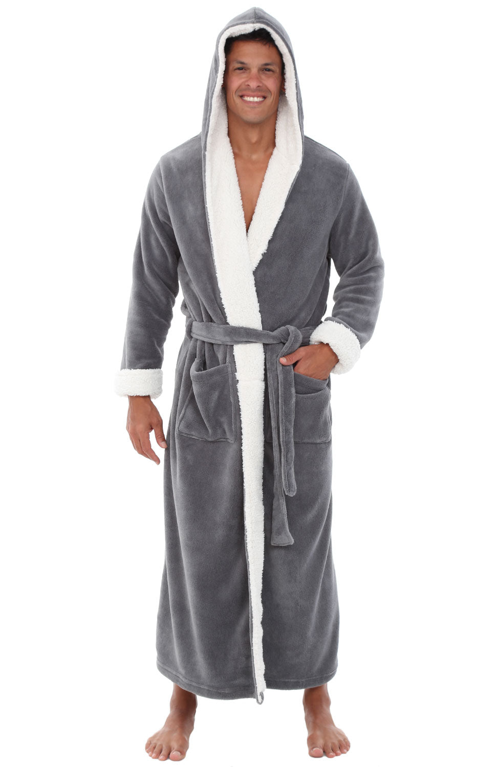 Men's Steel Gray with Cream Long Hooded Sherpa Robe, Hooded Big and Tall Plush Fleece Hoodie Bathrobe