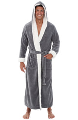 Men's Steel Gray with Cream Long Hooded Sherpa Robe, Hooded Big and Tall Plush Fleece Hoodie Bathrobe