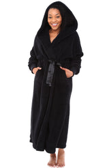 Women's Black with Elastic Waist Plush Fleece Hooded Robe, Shaggy Feather Long Bathrobe