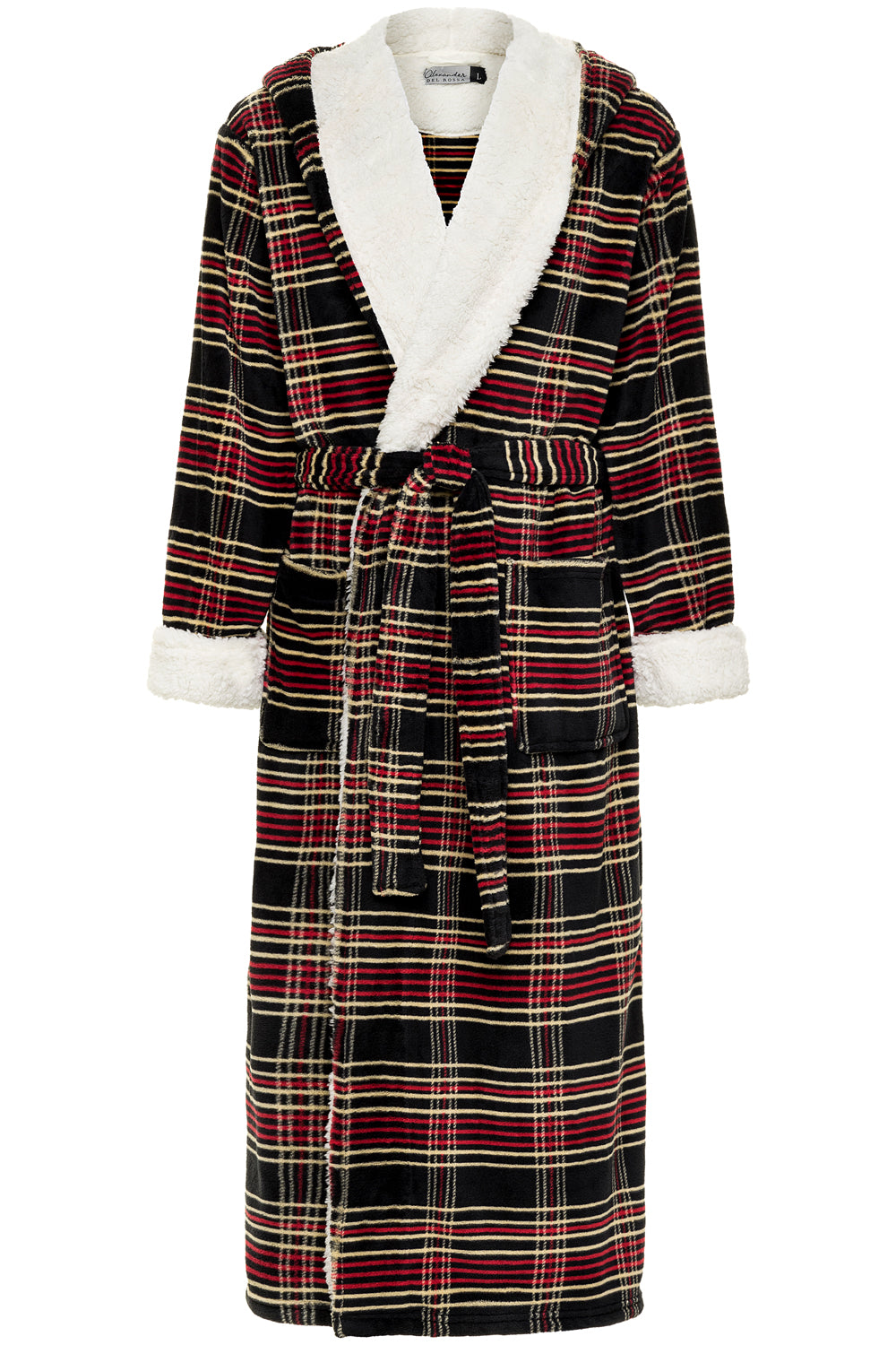 Men's Refined Tartan Plaid Long Hooded Sherpa Robe, Hooded Big and Tall Plush Fleece Hoodie Bathrobe