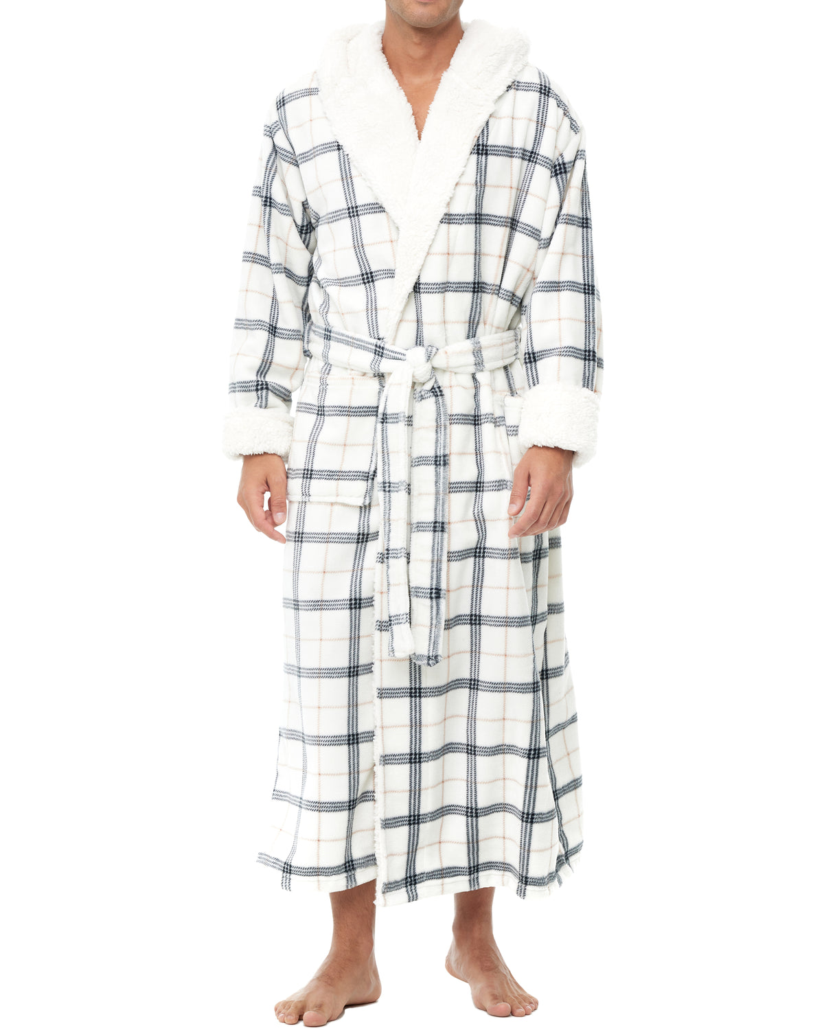 Men's Classic Neutral Plaid Long Hooded Sherpa Robe, Hooded Big and Tall Plush Fleece Hoodie Bathrobe