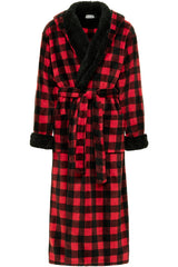 Men's Red Black Buffalo Check Plaid Long Hooded Sherpa Robe, Hooded Big and Tall Plush Fleece Hoodie Bathrobe