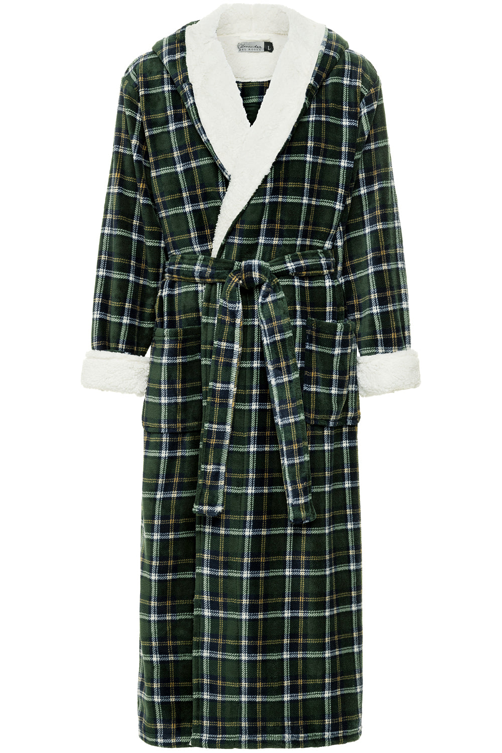 Men's Hunter Green Plaid Long Hooded Sherpa Robe, Hooded Big and Tall Plush Fleece Hoodie Bathrobe