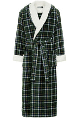 Men's Hunter Green Plaid Long Hooded Sherpa Robe, Hooded Big and Tall Plush Fleece Hoodie Bathrobe