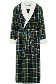 Men's Hunter Green Plaid Long Hooded Sherpa Robe, Hooded Big and Tall Plush Fleece Hoodie Bathrobe