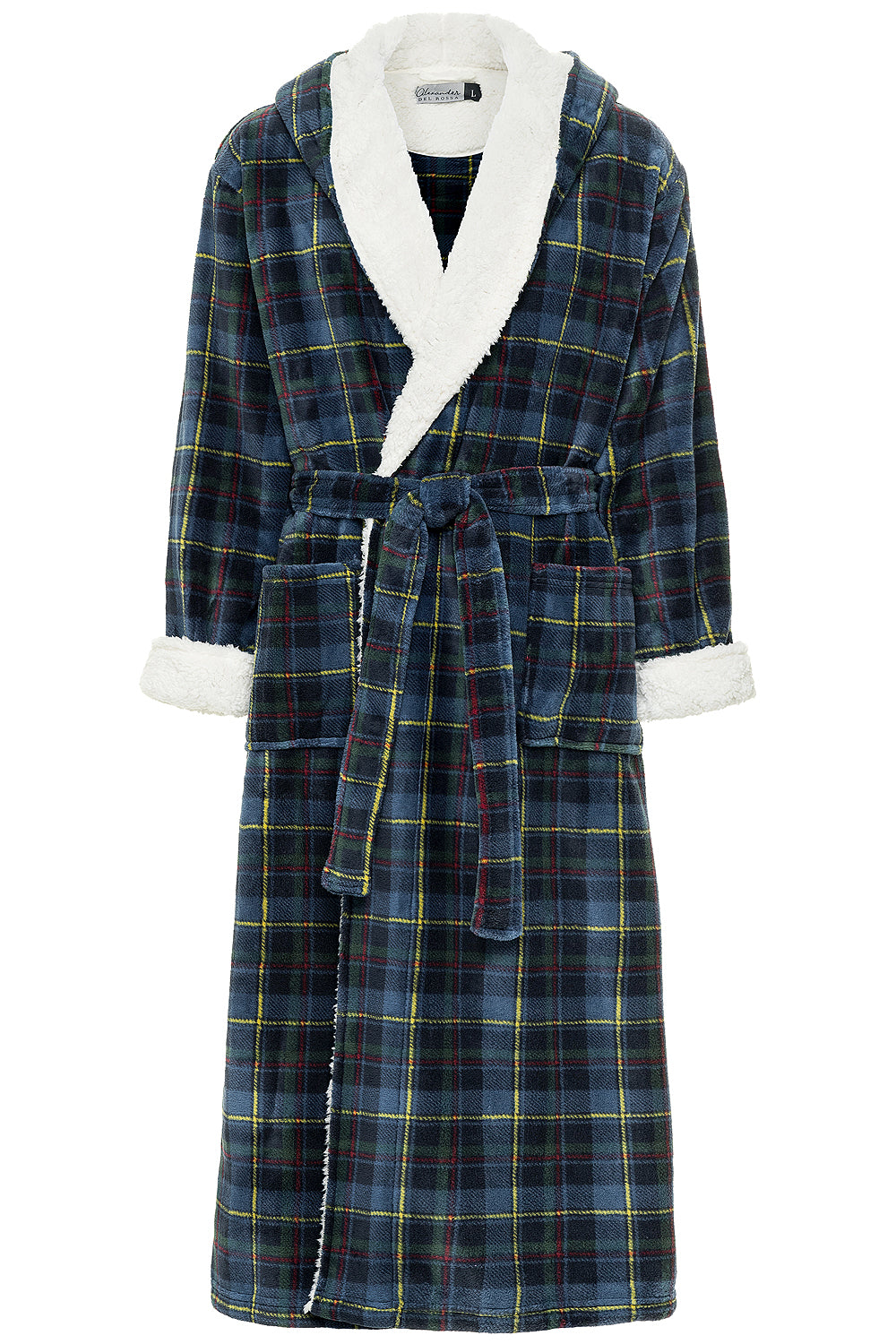 Men's Highland Tartan Plaid Long Hooded Sherpa Robe, Hooded Big and Tall Plush Fleece Hoodie Bathrobe