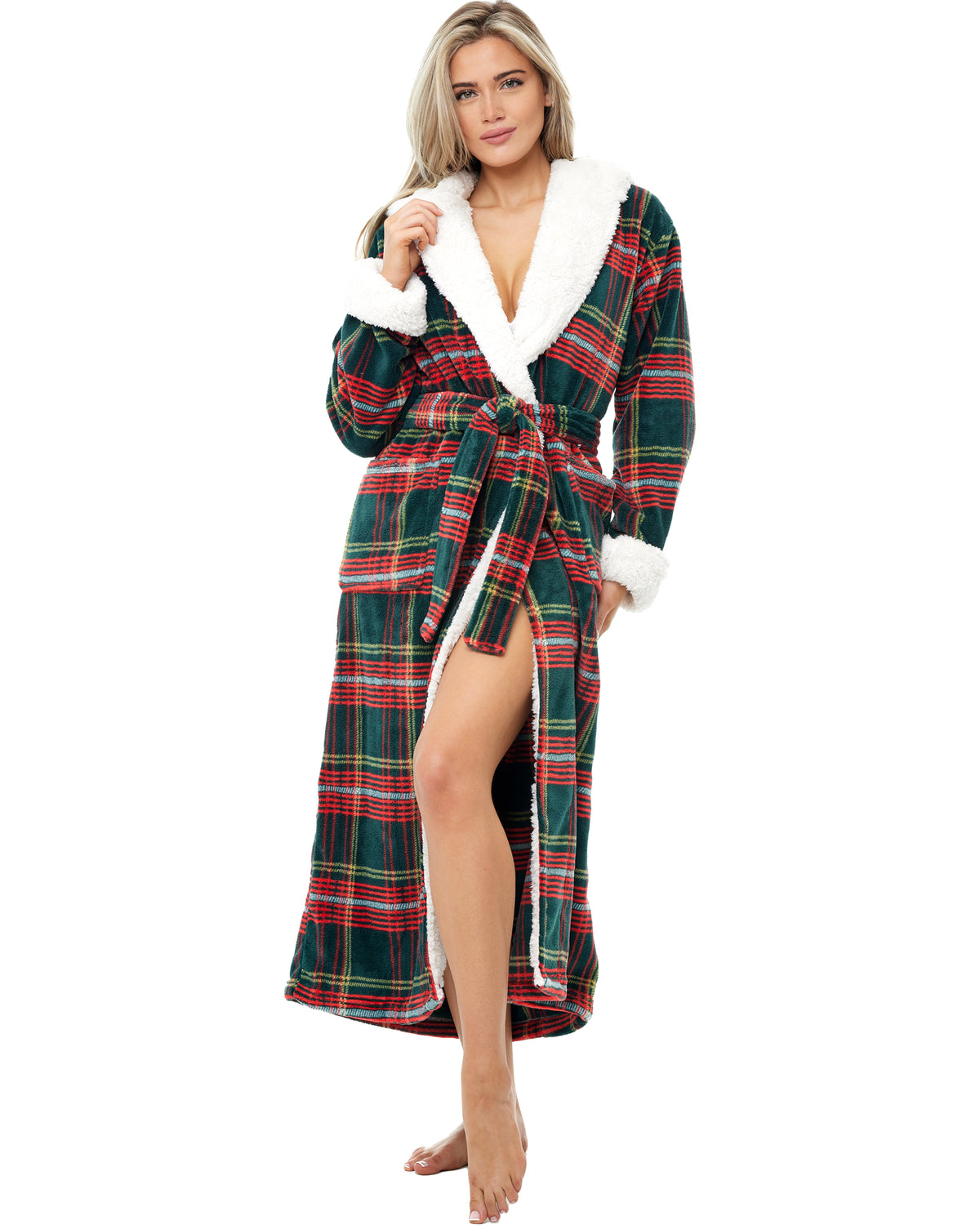 Women's Forest Tartan Plaid Warm Fleece Sherpa Robe with Hood, Long Plush Hoodie Sherpa Bathrobe