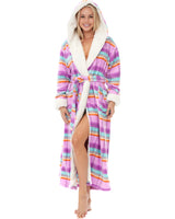 Women's Pastel Plaid Warm Fleece Sherpa Robe with Hood, Long Plush Hoodie Sherpa Bathrobe