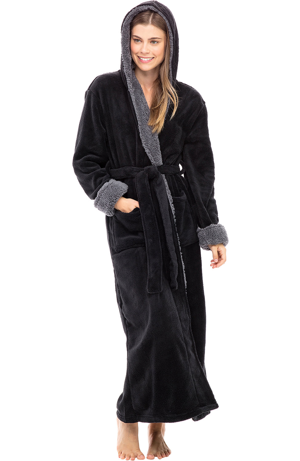 Women's Black Warm Fleece Sherpa Robe with Hood, Long Plush Hoodie Sherpa Bathrobe