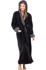 Women's Black Warm Fleece Sherpa Robe with Hood, Long Plush Hoodie Sherpa Bathrobe