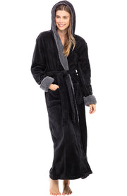 Women's Black Warm Fleece Sherpa Robe with Hood, Long Plush Hoodie Sherpa Bathrobe