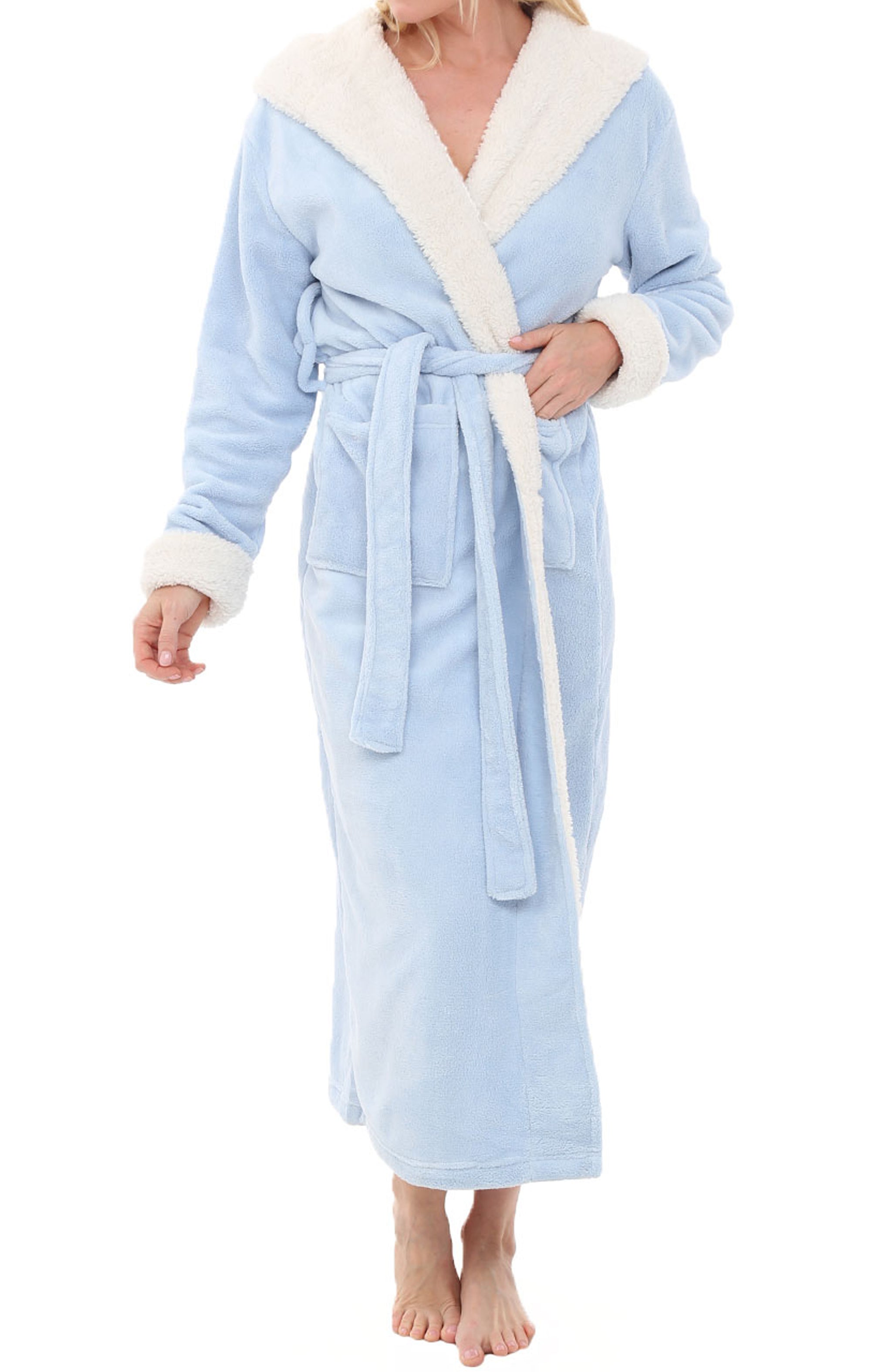 ADR Women's Warm Robe, Plush Fleece Full Length Long Hooded Bathrobe Light Blue Medium