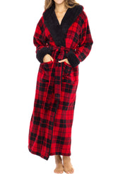 Women's Red Black Plaid with Black Warm Fleece Sherpa Robe with Hood, Long Plush Hoodie Sherpa Bathrobe