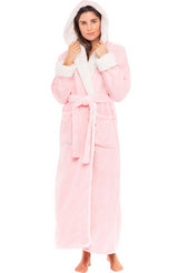Women's Pink Rose Quartz with Cream Warm Fleece Sherpa Robe with Hood, Long Plush Hoodie Sherpa Bathrobe