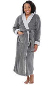 Women's Steel Gray with Light Gray Warm Fleece Sherpa Robe with Hood, Long Plush Hoodie Sherpa Bathrobe