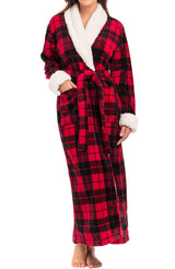 Women's Red Black Plaid with Cream Plush Sherpa Robe, Long Cozy Warm Bathrobe