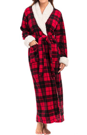 Women's Red Black Plaid with Cream Plush Sherpa Robe, Long Cozy Warm Bathrobe