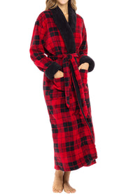 Women's Red Black Plaid with Black Plush Sherpa Robe, Long Cozy Warm Bathrobe