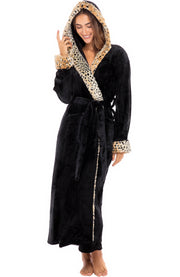 Women's Black with Leopard Print Winter Robe with Faux Fur Feather, Plush Fleece Hooded Bathrobe