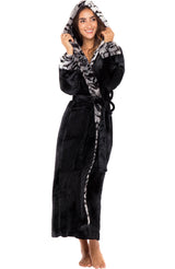 Women's Black with White Tiger Winter Robe with Faux Fur Feather, Plush Fleece Hooded Bathrobe
