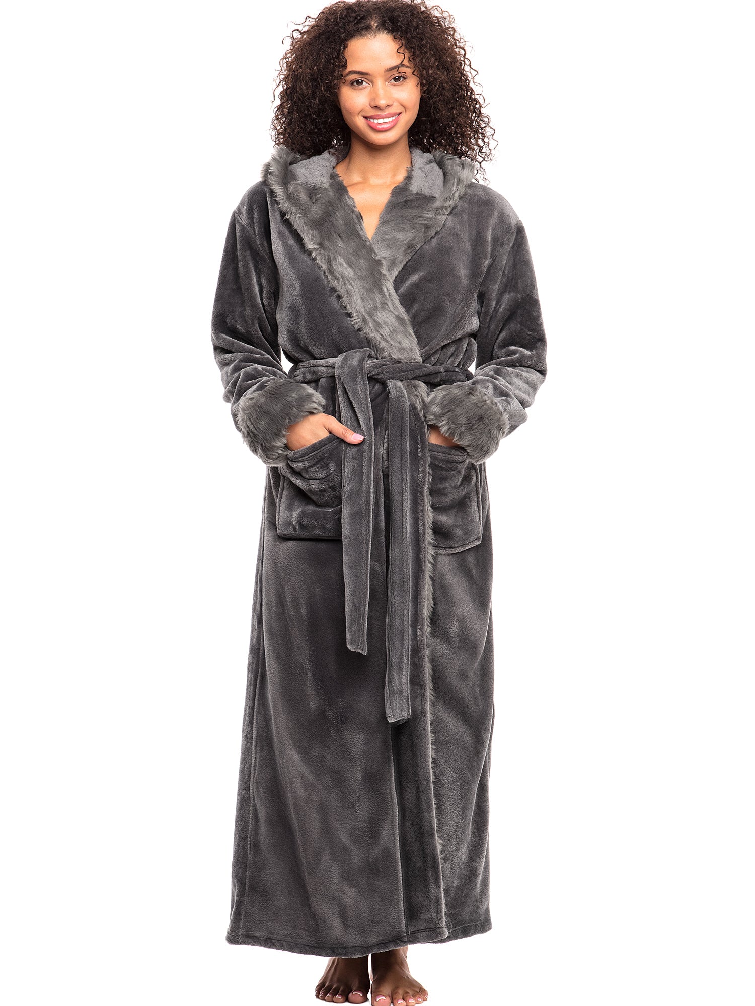 Women's Winter Robe with Faux Fur Feather, Plush Fleece Hooded Bathrobe, Steel Gray / XL Women's Winter Robe with Faux Fur Feather, Plush Fleece Hooded Bathrobe, Steel Gray / XL