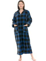 Women's Blue Buffalo Check Plaid Zip Up Plush Robe, Oversized Bathrobe with Two Way Zipper