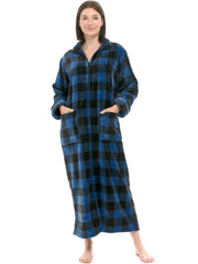 Women's Blue Buffalo Check Plaid Zip Up Plush Robe, Oversized Bathrobe with Two Way Zipper