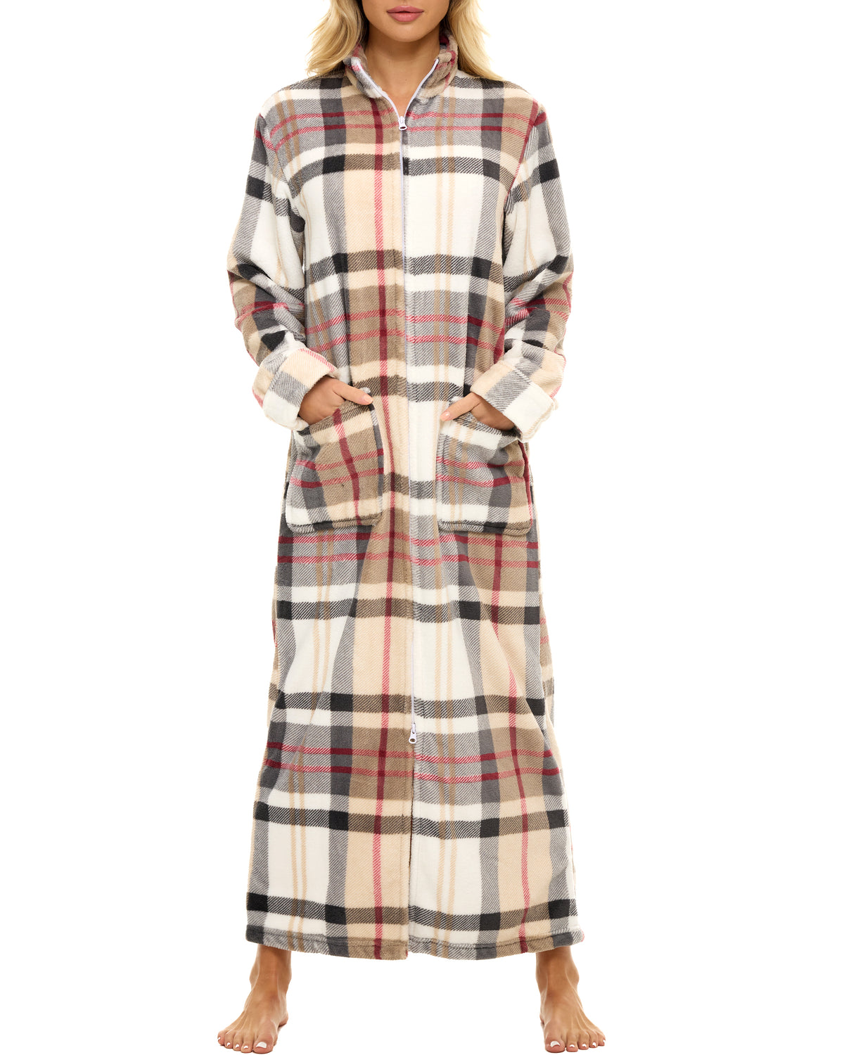 Women's Designer Plaid with Cream Zip Up Plush Robe, Oversized Bathrobe with Two Way Zipper