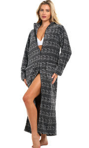 Women's Moroccan Pattern Zip Up Plush Robe, Oversized Bathrobe with Two Way Zipper