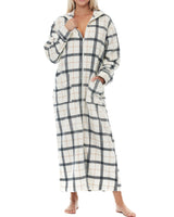 Women's Classic Neutral Plaid Zip Up Plush Robe, Oversized Bathrobe with Two Way Zipper