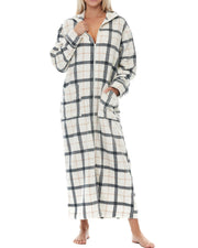 Women's Classic Neutral Plaid Zip Up Plush Robe, Oversized Bathrobe with Two Way Zipper