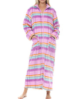 Women's Pastel Plaid Zip Up Plush Robe, Oversized Bathrobe with Two Way Zipper